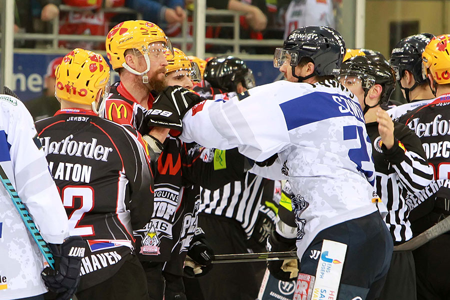 Handfeste Auseinandersetzung beim Spiel Bremerhaven gegen Dresden.