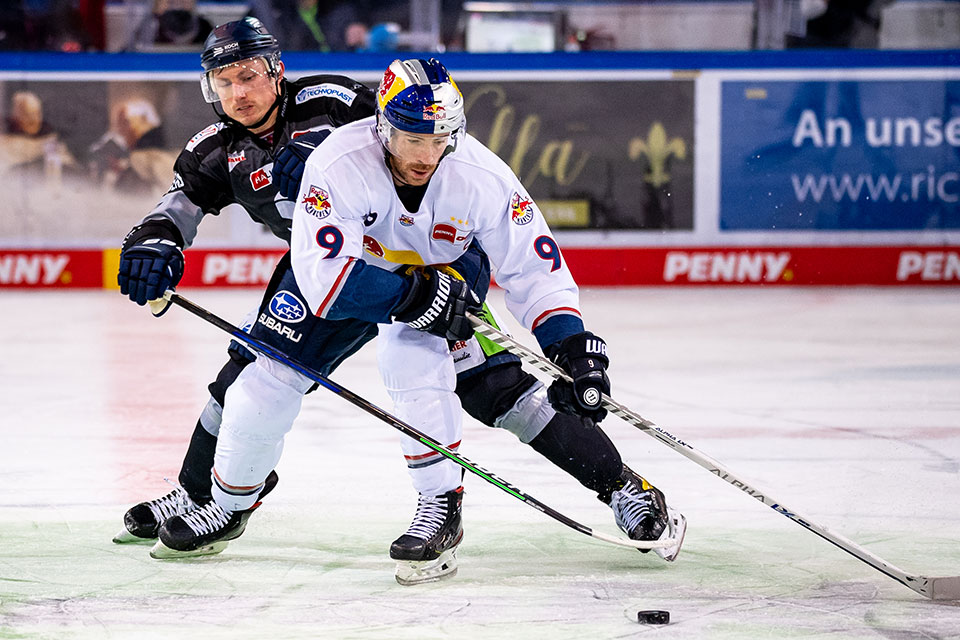 Marcel Brandt von den Straubing Tigers und Ben Street von Red Bull Mnchen.