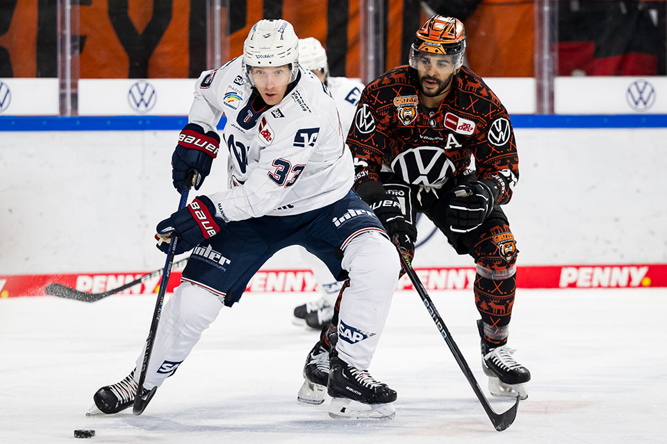 Markus Hnnikinen von den Adler Mannheim wird verfolgt von Wolfsburgs Darren Archibald.