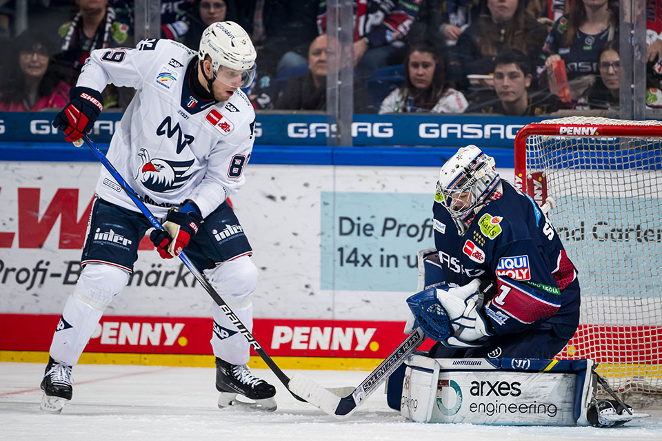 David Wolf von den Adler Mannheim und Jonas Stettmer von den Eisbären Berlin. David Wolf von den Adler Mannheim und Jonas Stettmer von den Eisbären Berlin.