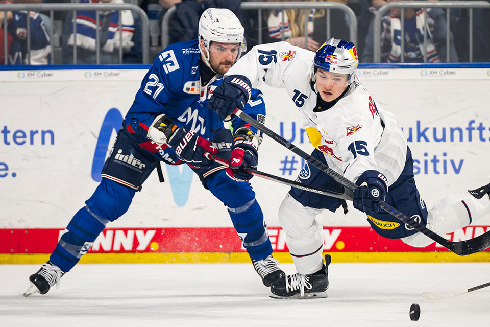 Kris Bennett von den Adler Mannheim und Nikolaus Heigl von Red Bull München im Zweikampf Kris Bennett von den Adler Mannheim und Nikolaus Heigl von Red Bull München im Zweikampf